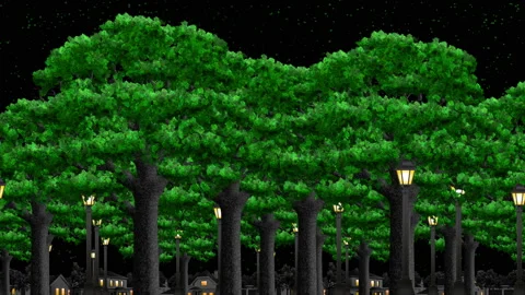 Animation of trees in the evening park with lanterns. Stock Footage 141285051