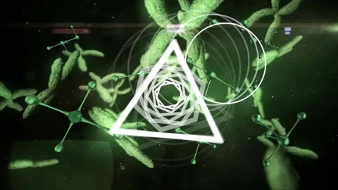 Animation of triangle and falling molecules over dark background Stock Footage 329765667