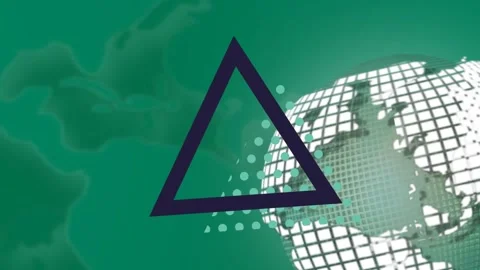 Animation of triangle and globe rotating over world map and green background Stock Footage 327448127