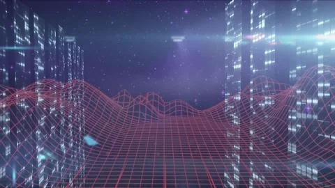 Animation of triangle and grid wave pattern with illuminated falling bar graphs Stock Footage 330590899