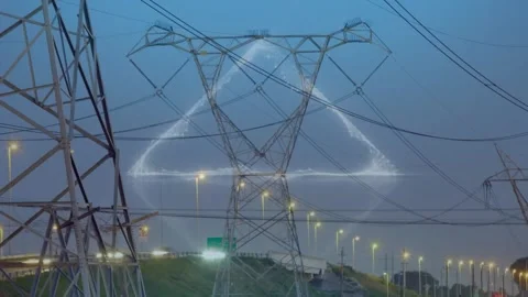 Animation of triangle over landscape with electricity pylons Stock Footage 166848630