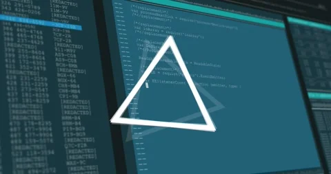Animation of triangle rotating over data processing on computer screens Stock Footage 329508381