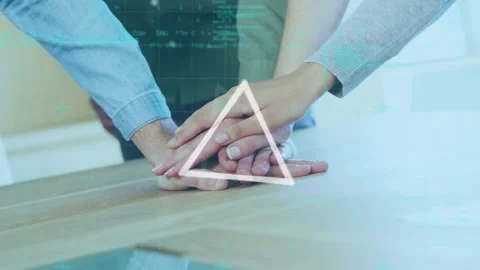 Animation of triangles and data processing over people hand stacking Stock Footage 156478780