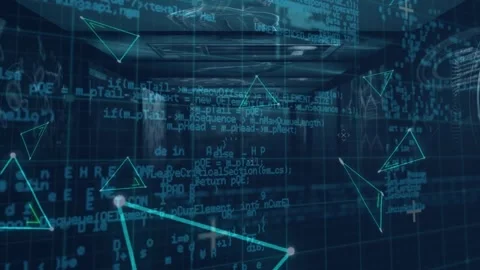 Animation of triangles and data processing over grid Stock Footage 241716315