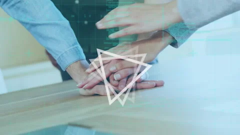 Animation of triangles and data processing over people hand stacking Stock Footage 313710686