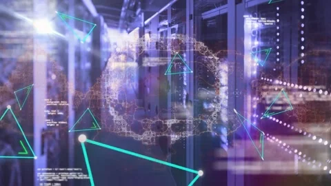 Animation of triangles, data and globe made of connections rotating over servers Stock Footage 329165663
