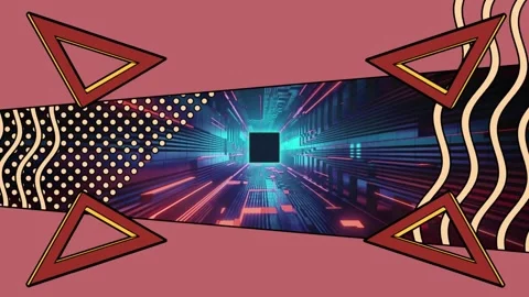 Animation of triangles, dots and wave patterns against futuristic tunnel in Stock Footage 328303508