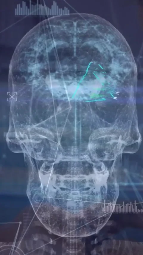 Animation of triangles, head x ray scan, networks and data over asian woman Stock Footage 343504493