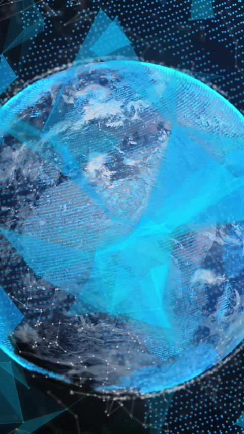 Animation of triangles over connected dots around globe against abstract Stock Footage 344706526