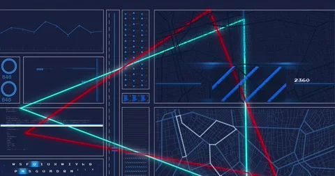Animation of triangles over loading circles, graph and navigation pattern Stock Footage 246530454