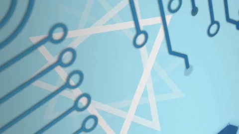 Animation of triangles rotating over integrated circuit on blue background Stock Footage 312303764