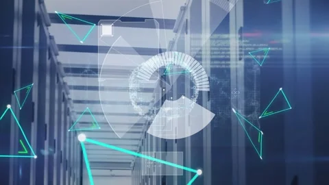 Animation of triangles, scope scanning and data processing over computer servers Stock Footage 329290960