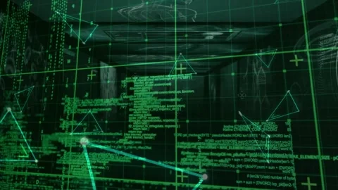 Animation of triangles spinning and data processing over grid Stock Footage 241716314