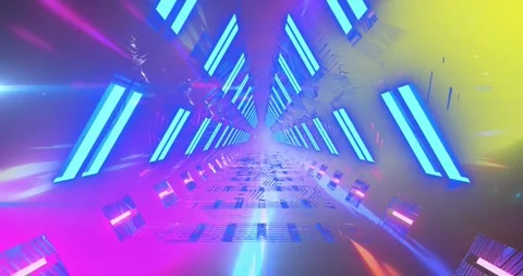 Animation of triangular tunnel and multicolored dynamic pattern against black Stock Footage 257103223