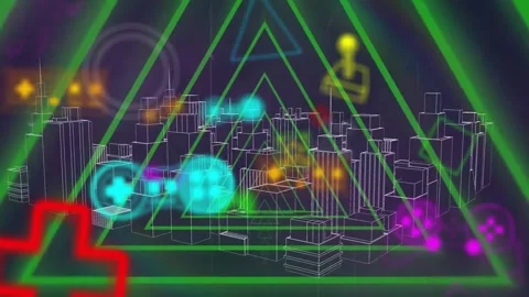 Animation of triangular tunnel, gaming consoles and 3d model of city over Stock Footage 325962046