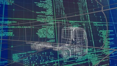 Animation of truck with graphical user interface moving over programming data Stock Footage 327064244
