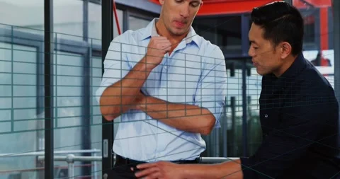 Animation of tunnel in seamless pattern over two diverse men discussing at Stock Footage 325700148