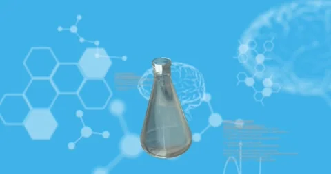 Animation of turning test flask, dna strand and brain diagrams over blue Stock Footage 328403097