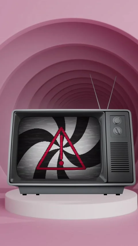 Animation of tv with warning sign over circles Видео 343609393