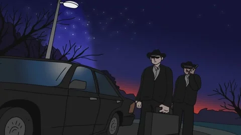 Animation of two agents dressed in black near a car, 2D stylized animation. Stock Footage 300360037