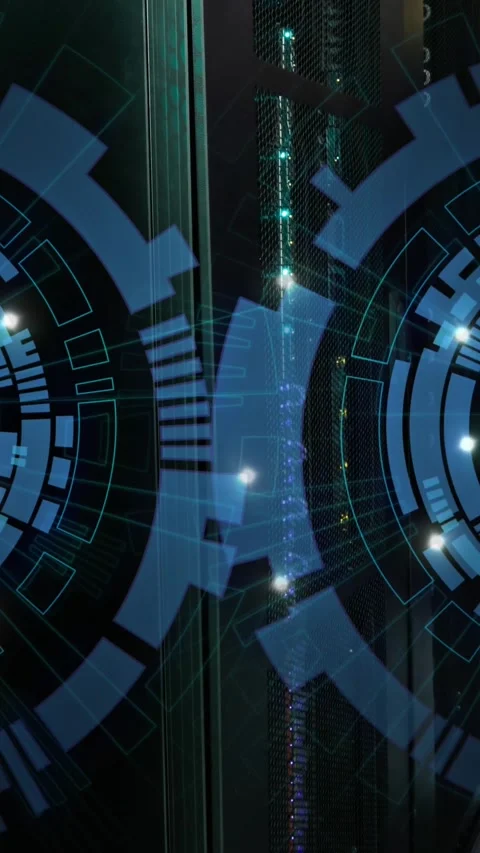 Animation of two blue round scanners spinning against computer server room Stock Footage 344679490