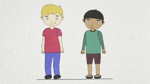 Animation of two cartoon boys of different races in a window of large green Stock Illustration