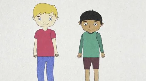 Animation of two cartoon boys of different races in a window of large green Stock Illustration
