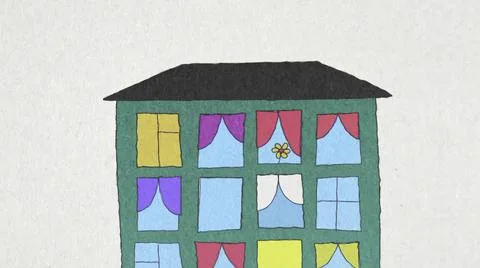 Animation of two cartoon boys of different races in a window of large green Stock Illustration
