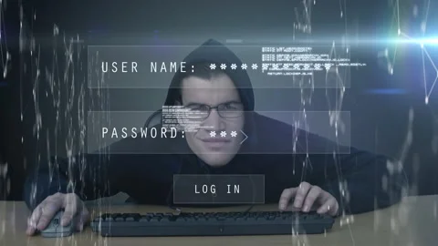 Animation of two frames with login and password over male hacker Stock Footage 142201730