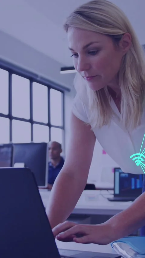 Animation of two globes of digital icons spinning against caucasian woman using Stock Footage 344783419