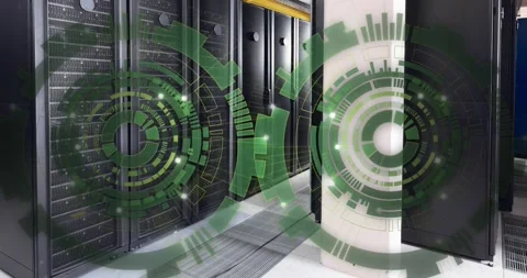 Animation of two green round scanner spinning against computer server room Stock Footage 330584098