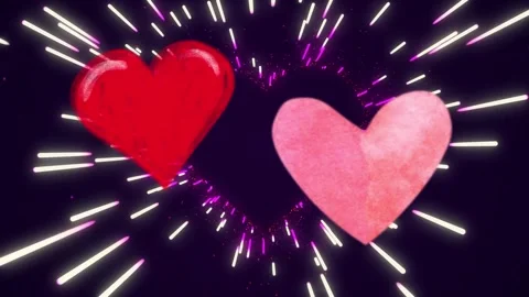 Animation, two hearts moving on the neon fireworks Stock Footage 296733310