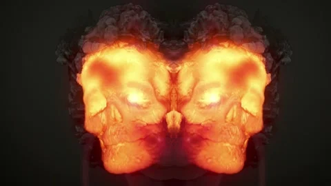 Animation of two human skulls formed by bright tongues of flame. 3d rendering Stock Footage 300837482