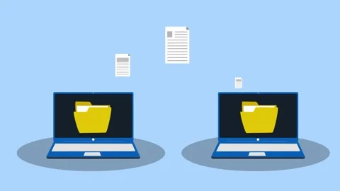 Animation of two laptops with file folders on screens and floating documents Stock Footage 320730119