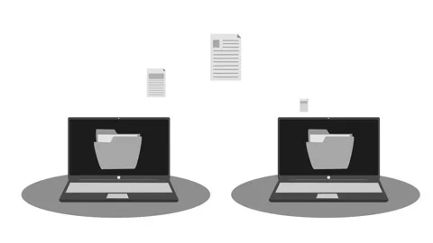 Animation of two laptops with folders on screens and documents floating above Video stock 317115135