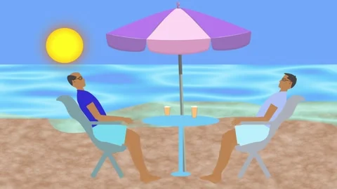 Animation of two man's relaxing on the beach drinking beer, sea background view Stock Footage 276730715