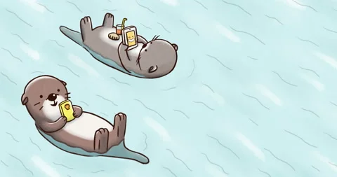 Animation of two otters floating on water while checking phone Stock Footage 111797447