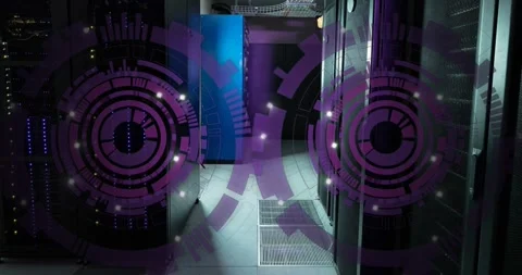Animation of two purple round scanner spinning against computer server room Stock Footage 326626073