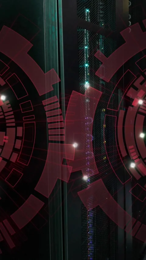 Animation of two red round scanners spinning against computer server room Stock Footage 344803387