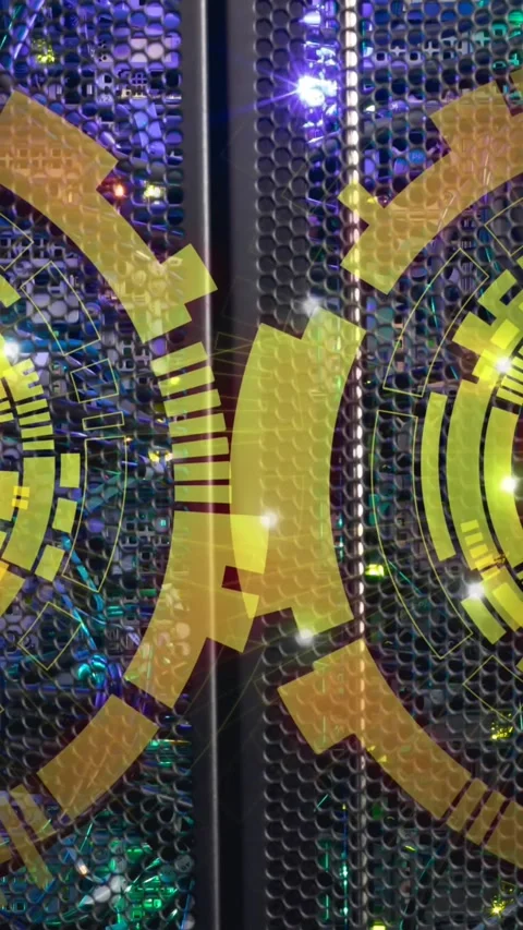 Animation of two round scanners spinning against computer server room Stock Footage 344636698