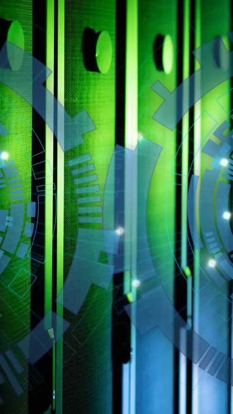 Animation of two round scanners spinning against computer server room Stock Footage 344723409