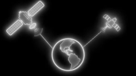 Animation of two satellites communicating with Earth on a black background Vidéo 317859887