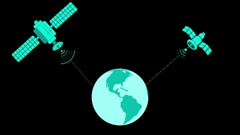 Animation of two satellites orbiting Earth, communicating with signals Stock Footage 317860586