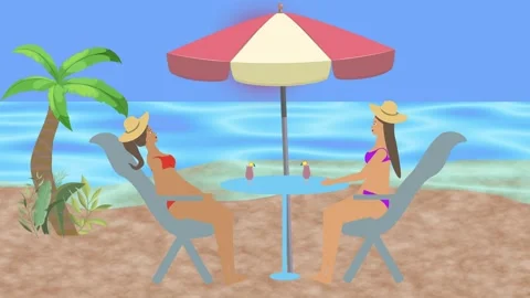 Animation of two woman's relaxing at beach terrace drinking cocktail Video stock 277262192