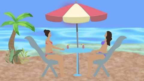 Animation of two woman's relaxing at beach terrace drinking cocktail Vídeo Stock 277262211