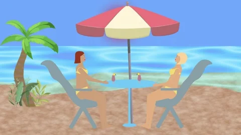Animation of two woman's relaxing at beach terrace drinking cocktail Vídeo Stock 277262224