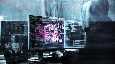 Animation of the unrecognizable computer hacker in black jacket with grey hoody イラスト素材