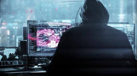 Animation of the unrecognizable computer hacker in black jacket with grey hoody イラスト素材