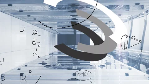 Animation of uploading data roundel and maths calculations over computer server Stock Footage 312797462