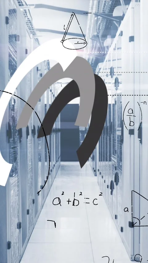 Animation of uploading data roundel and maths calculations over computer server Stock Footage 322559910